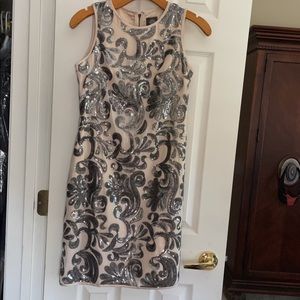 Vince Camuto sleeveless cream dress with silver sequin embellishment